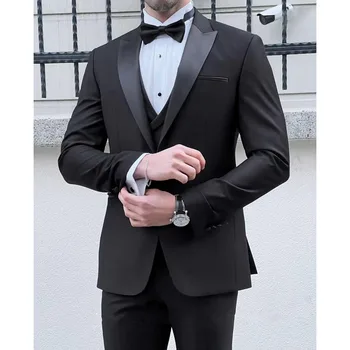 2023 Nové Svadobné Mužov Black Satin Vrchol Klope Vyhovuje Business Bežné Formálne Kostým Homme Slim Fit 3 Ks Sada Bunda, Nohavice, Vesta