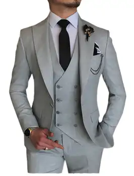 Pánske Oblek 3 Kusy Gray na Mieru Golier Jediný Breasted Business Bunda pre Svadobné Groomsmen Formálne Obleky (Sako+Vesta+Nohavice)