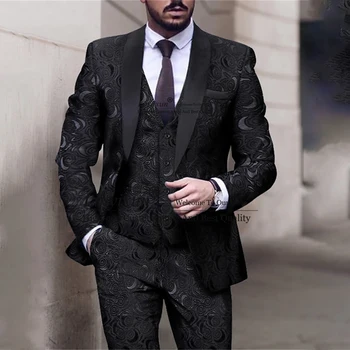Black Žakárové Vzorované pánske Svadobné Obleky Šatkou Klope Ženícha Tuxedos 3 Ks sa Nastaví Ženích Prom Blejzre Slim Kostým Homme