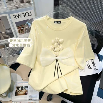 Ženy Tshirts Biele Letné Krátky Rukáv O-Krku, Pevné Sladké Luk Kvetinový Top 2023 Módne Oblečenie Kórejský Chic