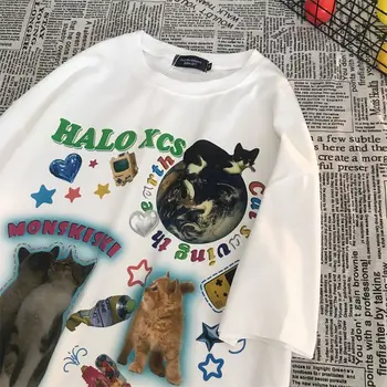 Čistá Bavlna Japonský Vintage Kreslených Mačka Tlače Krátke Rukávy T-shirt Nadrozmerná Voľné Kovanie pre Mužov a Ženy, Páry Oblečenie
