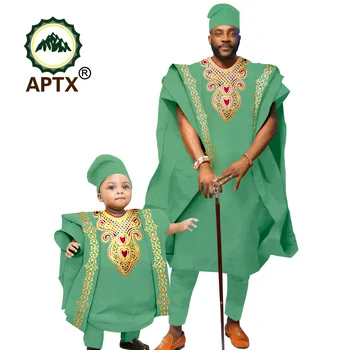 Africké Oblečenie pre Rodiny Dashiki Mužov Oblečenie Zodpovedajúce Deti Vyhovuje Agbada Šaty, Tričko a Nohavice, Klobúk 4 Kus Sady F234012