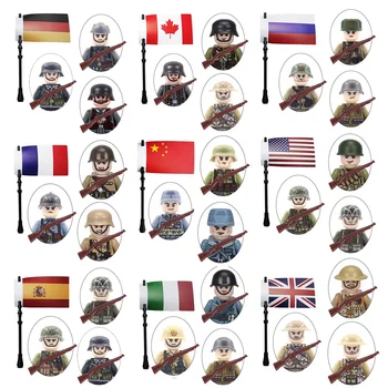 WW2 Vojenské Vojak Pole s Vlajkou Nemecka, Sovietskeho NÁS BRITÁNII, Francúzsku, Japonsku, Kanade, Taliansku, Číne Stavebné Bloky Obrázok Tehly Deti Hračka