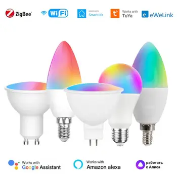 Tuya WIFI, Zigbee Smart Žiarovky E27/E14/E12/GU10/MR16 RGB CW Stmievateľné LED Lampy, Alexa Domovská stránka Google Alice eWelink App Control