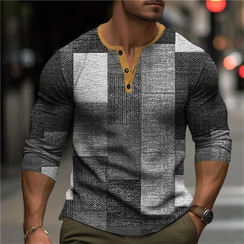 Úplne Nové pánske Henley Tričko s Dlhým Rukávom Bavlna Tlačidlo T Shirt 3D Kockovaný Vzor Tlače Outdoor Denne Módny Návrhár Základné Topy