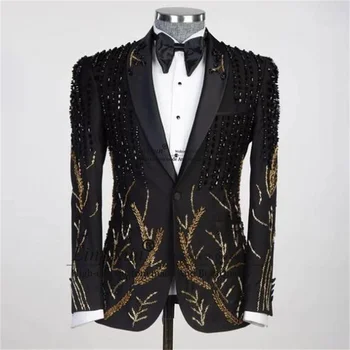 Luxusné Korálkové Kryštály Tuxedos Muži Obleky 2 Kusy Nastaviť Nevesty Svadobné Blejzre Módne Slim Fit Muž Večera Prom Party Kostým Homme