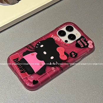 Kawaii Sanrio Anime Hello Kitty TPU Telefón Prípade Roztomilý Kreslený Black Hottie Ružová Jeseň-dôkaz Sladké In All-inclusiveI Darček pre Dievčatá