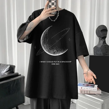 Jednoduchý Ťah Mesiac Grafické Mužov Tričko Nadrozmerná List Tlač Krátke Sleeve T-shirt Bavlna Muž Streetwear Unisex Základné Topy