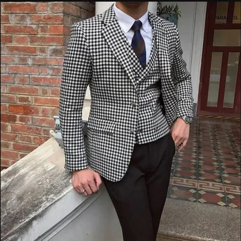 3 Kus Mužov Houndstooth Obleky pre Svadobné 2023 Drážkou Klope Groomsmen Prom Tuxedos Business Mužský Oblek (Sako+Vesta+Nohavice)