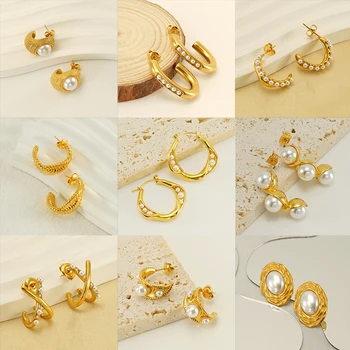 Elegantné Geometrické Pearl Stud Náušnice pre Ženy, Zlatá Farba Nehrdzavejúcej Ocele Svadobné Party Módne Náušnice Šperky