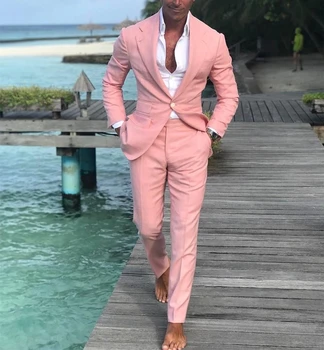 Letné Beach Muži Obleky Ružové Svadobné Obleky Pre Loptu Slim Fit Ženícha Najlepších Mužov Mužský Oblek 2 Kusy