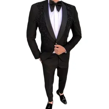 Luxusné Lištovanie Muži Obleky Prom Party Sako Najnovší Dizajn Kostým Homme Terno Masculino Ženícha Nosenie Svadobný 2 Ks(Bunda+Nohavice)