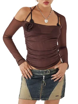 Ženy T-shirt Long Sleeve Halterneck Backless Kvet Slim Fit Priesvitné Topy Clubwear