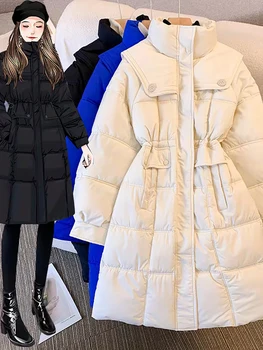 Kórejský Štýl Stand Golier Dolu Bavlnená Bunda Ženy, Plus Veľkosti Chudá Tepelnej Coats Bežné Pevné Polovice Dĺžky Dámy Kabát
