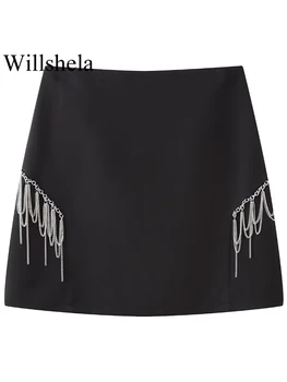Willshela Ženy Módy S Lištovanie Black Späť Na Zips, Mini Sukne Vintage Vysoký Pás Žena Lady Chic Sukne