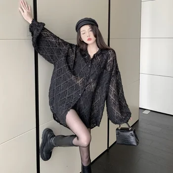 Deeptown Žien Čiernej Čipky Blúzky Elegantné, Sexy Strapec Transparentné Košele Nadrozmerné Estetické Kórejský Módne Žena Streetwear