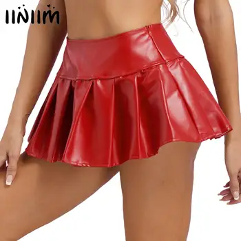 Dámske Červené Latexové PU Kožené Minisukňu Femme Streetwear Zips Vysoký Pás Skladaný A-Line Sukne Club Dance Wetlook Bodycon Sukne