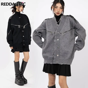 ReddaChic Funkcia Zips Dekonštruovať Cardigan Ženy Retro Gray Black Zničené Dlhý Rukáv Pletený Sveter Bunda Y2k Streetwear