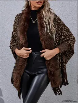 Umelú Kožušinu Plášte Ženy Bežné Leopard Bunda Cape Voľné Cardigan Pončo Vintage Strapec Šatkou Kabát Pevné Batwing Rukáv Veste Femme