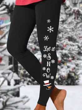 2023 Jeseň Zima Let It Snow Snowflake Legíny Čierne Elastické Športové Módne Ženy Jednoduchý Štýl Estetické Temperament Nohavice