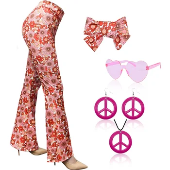 5 Ks 60. rokoch 70-tych rokoch Oblečenie pre Ženy Hippie Kostým Nastaviť Boho Bell Dna Mier Prihlásiť Príslušenstvo pre Disco Party Halloween