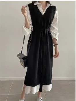 Bez rukávov Elegantné kórejský Módne Oblečenie Jeseň Zimné Svetre Šaty 2022 Business Voľné Slim Knitwear A-Line Šaty s Pásom