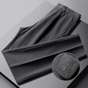 Zimné Hrubé Vlnené Black Britské Luxusné Nohavice Business Bežné Slim Fit Elastický Pás Jeleň Vyšívané Česanej Oblek Nohavice Mužov