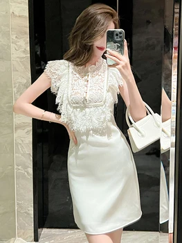 Módne Letné Biele Krátke Šaty Ženy, Dámy Oblečenie Elegantné Luxusné Čipky Úplnej Sexy Bez Rukávov Tenký Mini Party Mujer Vestidos