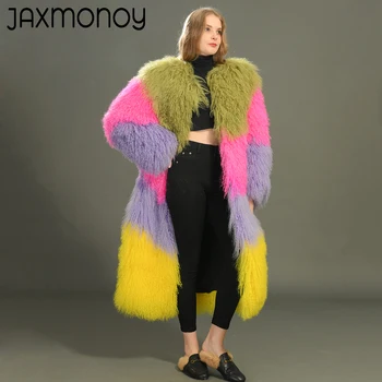 Jaxmony Reálne Mongolskej Ovčie Kožušiny Kabát Ženy Zimné Luxusný Teplý Dlhé Kabáty Módne Dámy Mix Farieb Prírodné Kožušiny Bunda Ženské Nové