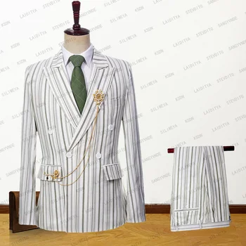 2023 Nové Mužov Vyhovovali 2 Ks Súprava Bunda, Nohavice Kvalitné Biele Prádlo Svetlo Zeleným Pruhom Business Formálne Svadby Gentleman Šaty