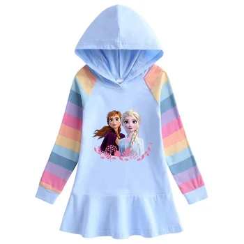 MINISO 2023 Jeseň Nové Mrazené Rainbow Dievčatá Šaty detské Long Sleeve Hooded Elsa Princezná Šaty