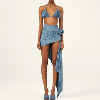 Retro Modrá Bikini Vytlačené Módne jednodielnych Plaviek A zakryť S Sukne Tesný Žien Obväz Letné Beach Luxusný Elegantný