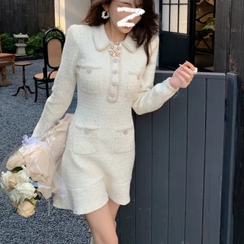 Luxusné Perly Lištovanie Oblečenie Žien Kórejský Módne Dlhý Rukáv Biele Pletené Svetre 2023 Vestidos Para Mujer Elegantes