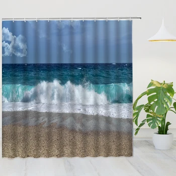 Morské Vlny Pláži Sprchové Závesy Leto Tropical Blue Sky Prímorské Scenérie Domova Vaňa Vaňa Nepremokavé Tkaniny Opony Nastaviť