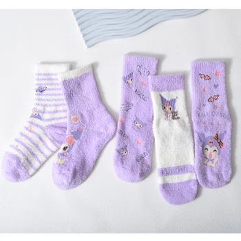 Kuromi Deti Ponožky Kawaii Fialová Cartoon Teplé Dievčatká Sanrio Zimné Hrubé a Fuzzy Hoop Midtube Ponožky